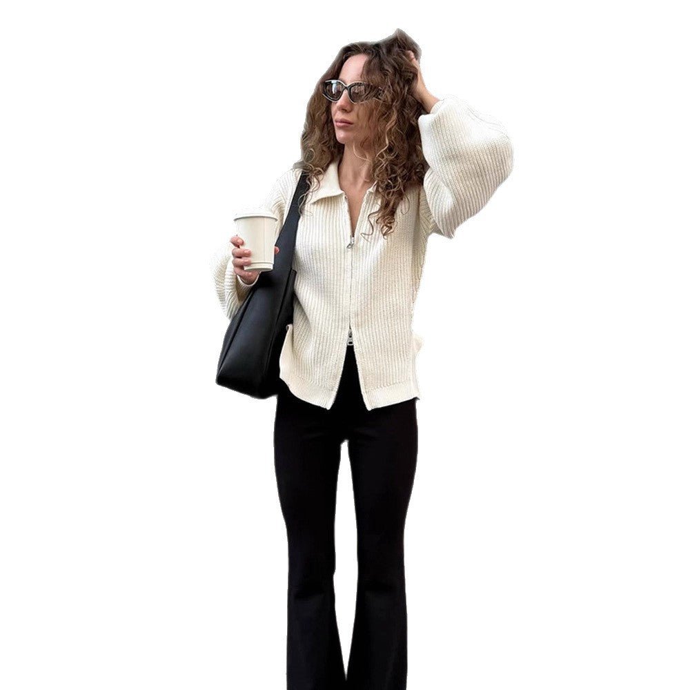 Women Ribbed Cardigan with Zipper, Shirt Collar & Balloon Sleeves Chichicherry - Chichicherry