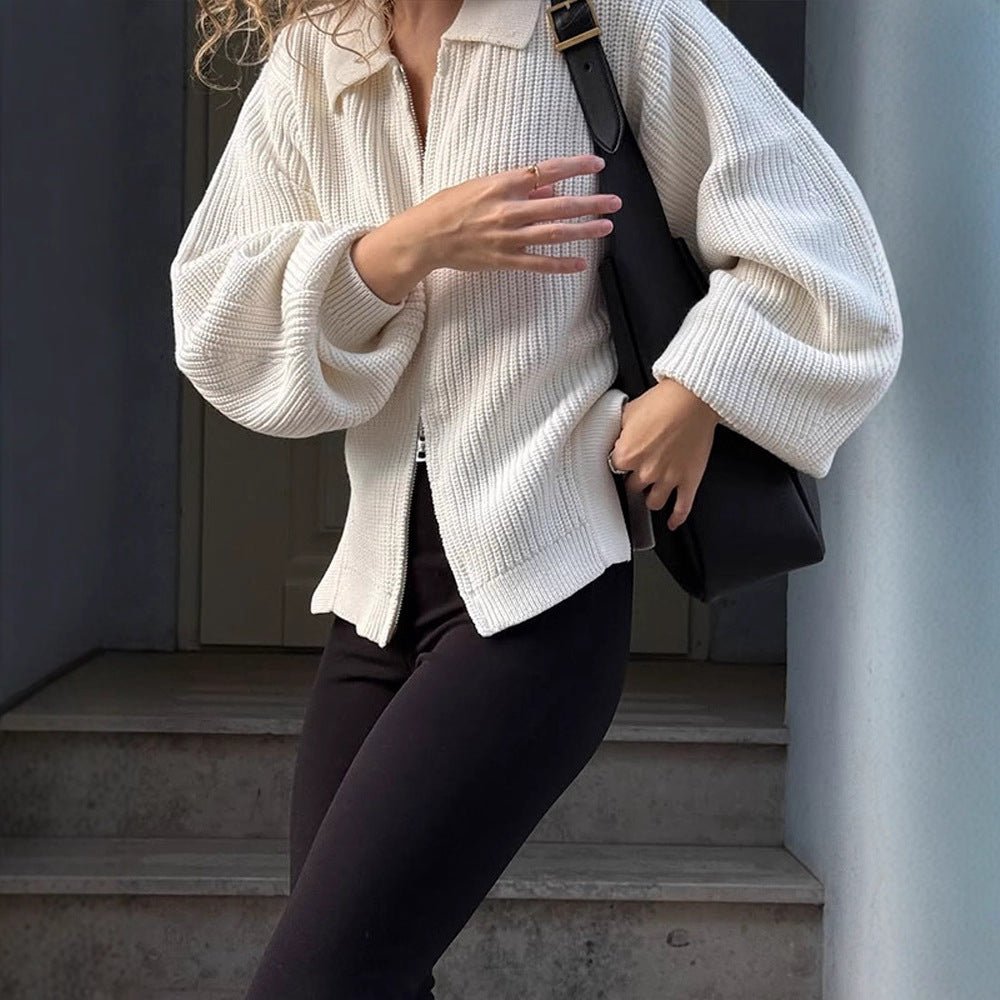 Women Ribbed Cardigan with Zipper, Shirt Collar & Balloon Sleeves Chichicherry - Chichicherry
