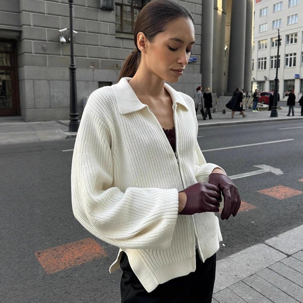 Women Ribbed Cardigan with Zipper, Shirt Collar & Balloon Sleeves Chichicherry - Chichicherry