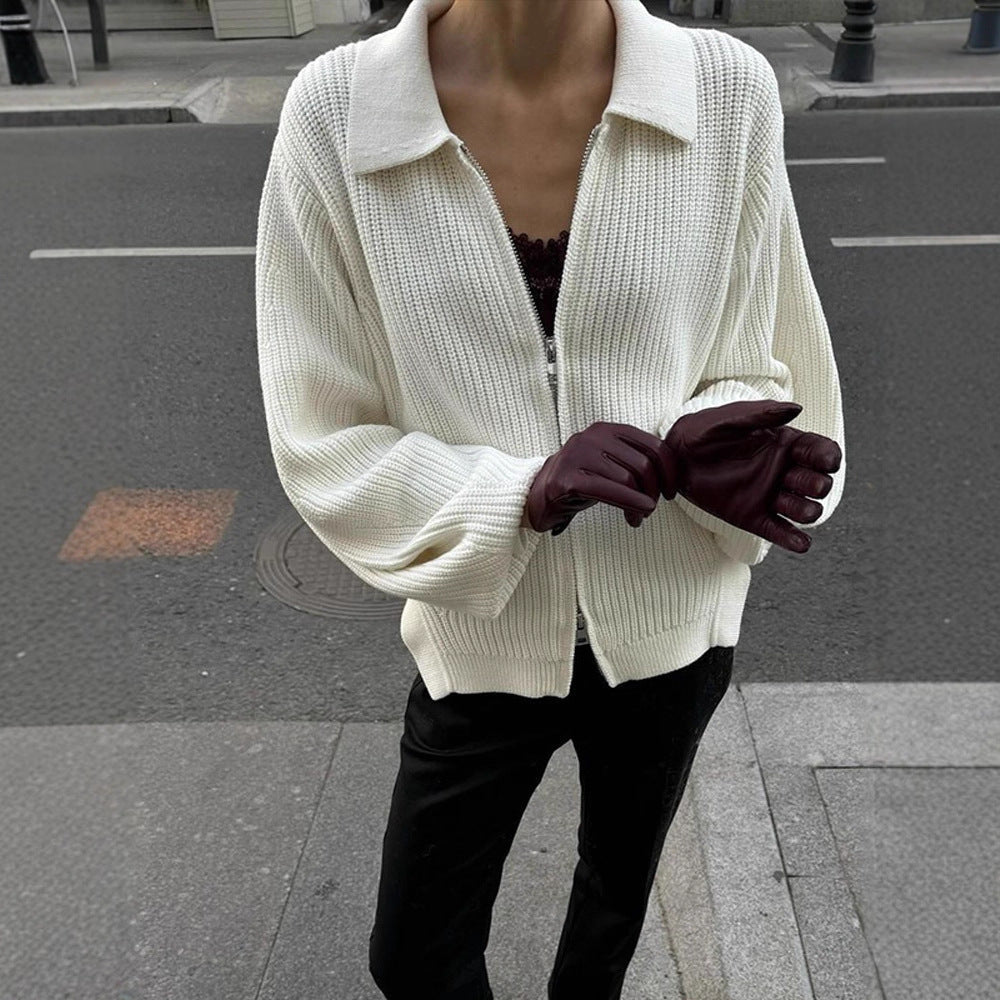 Women Ribbed Cardigan with Zipper, Shirt Collar & Balloon Sleeves Chichicherry - Chichicherry