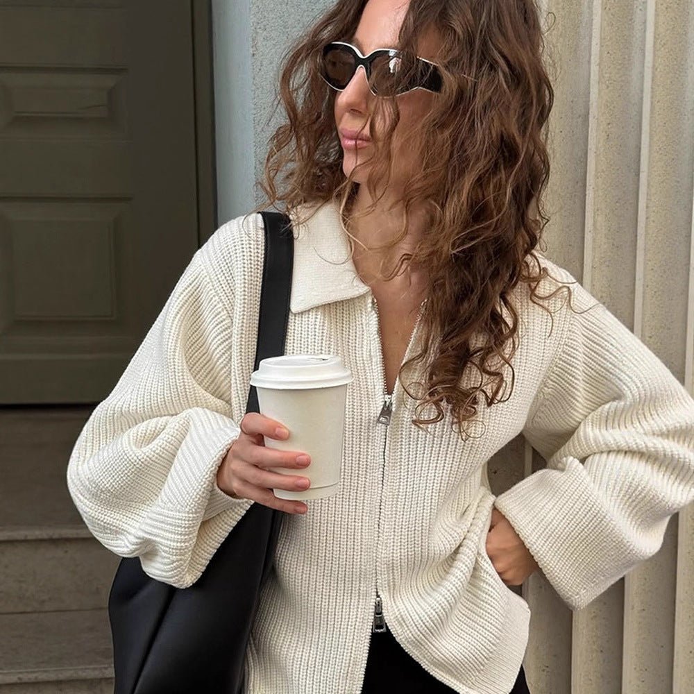 Women Ribbed Cardigan with Zipper, Shirt Collar & Balloon Sleeves Chichicherry - Chichicherry