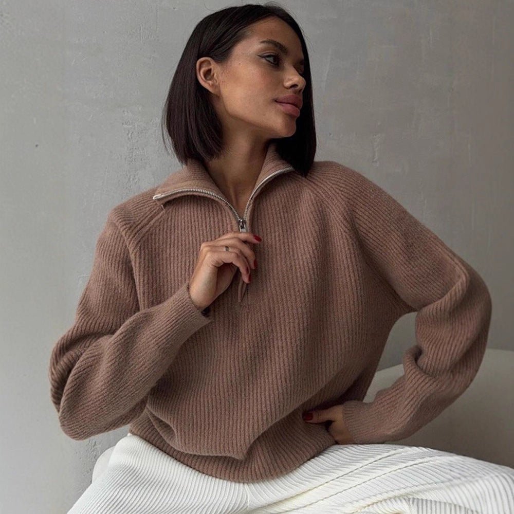 Women Ribbed Wool Blend Pullover with Half Zipper and Wide Stand-Up Collar Chichicherry - Chichicherry