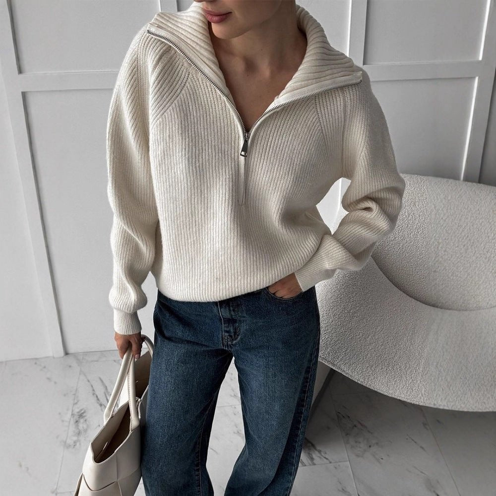 Women Ribbed Wool Blend Pullover with Half Zipper and Wide Stand-Up Collar Chichicherry - Chichicherry