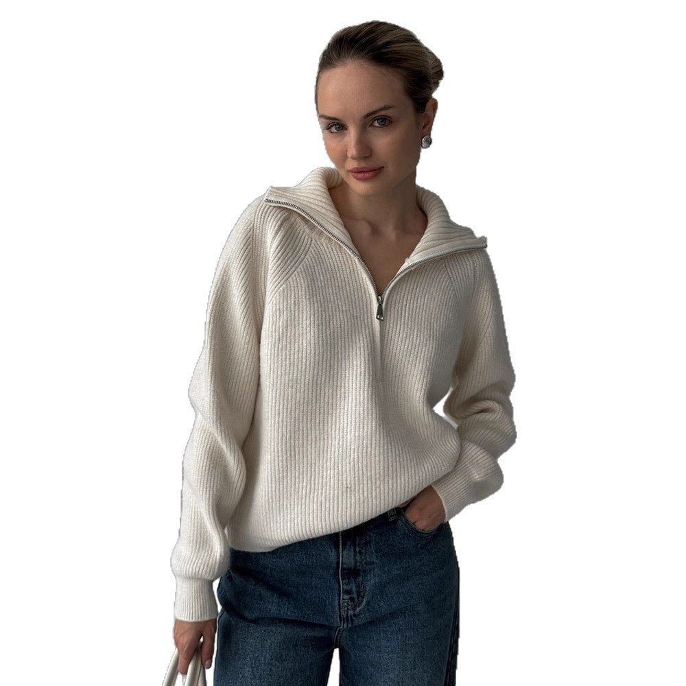 Women Ribbed Wool Blend Pullover with Half Zipper and Wide Stand-Up Collar Chichicherry - Chichicherry