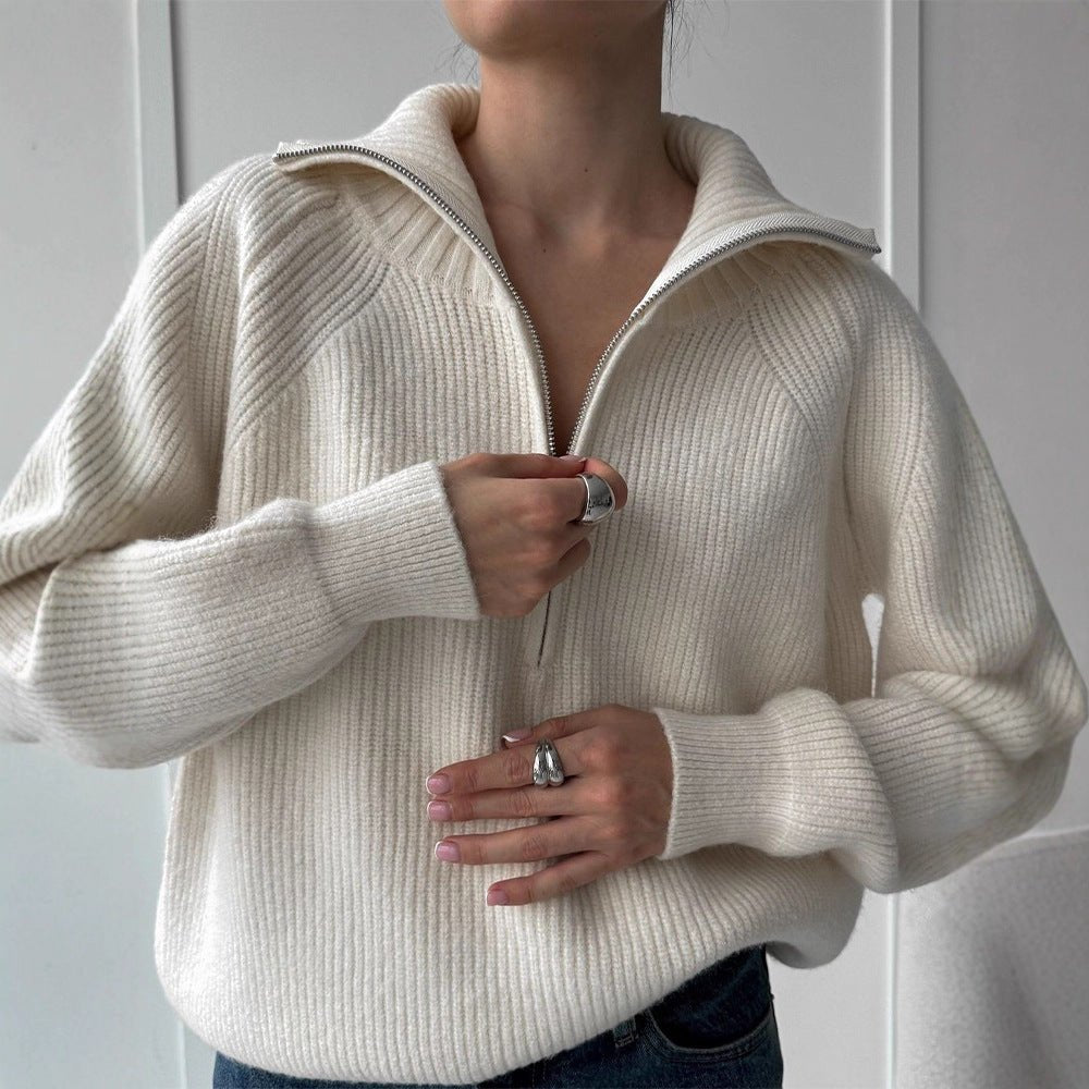 Women Ribbed Wool Blend Pullover with Half Zipper and Wide Stand-Up Collar Chichicherry - Chichicherry