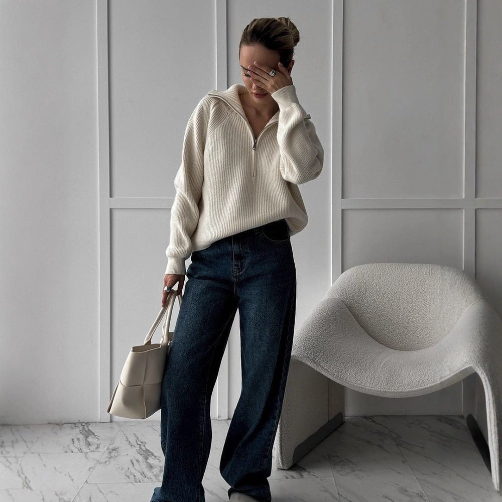 Women Ribbed Wool Blend Pullover with Half Zipper and Wide Stand-Up Collar Chichicherry - Chichicherry