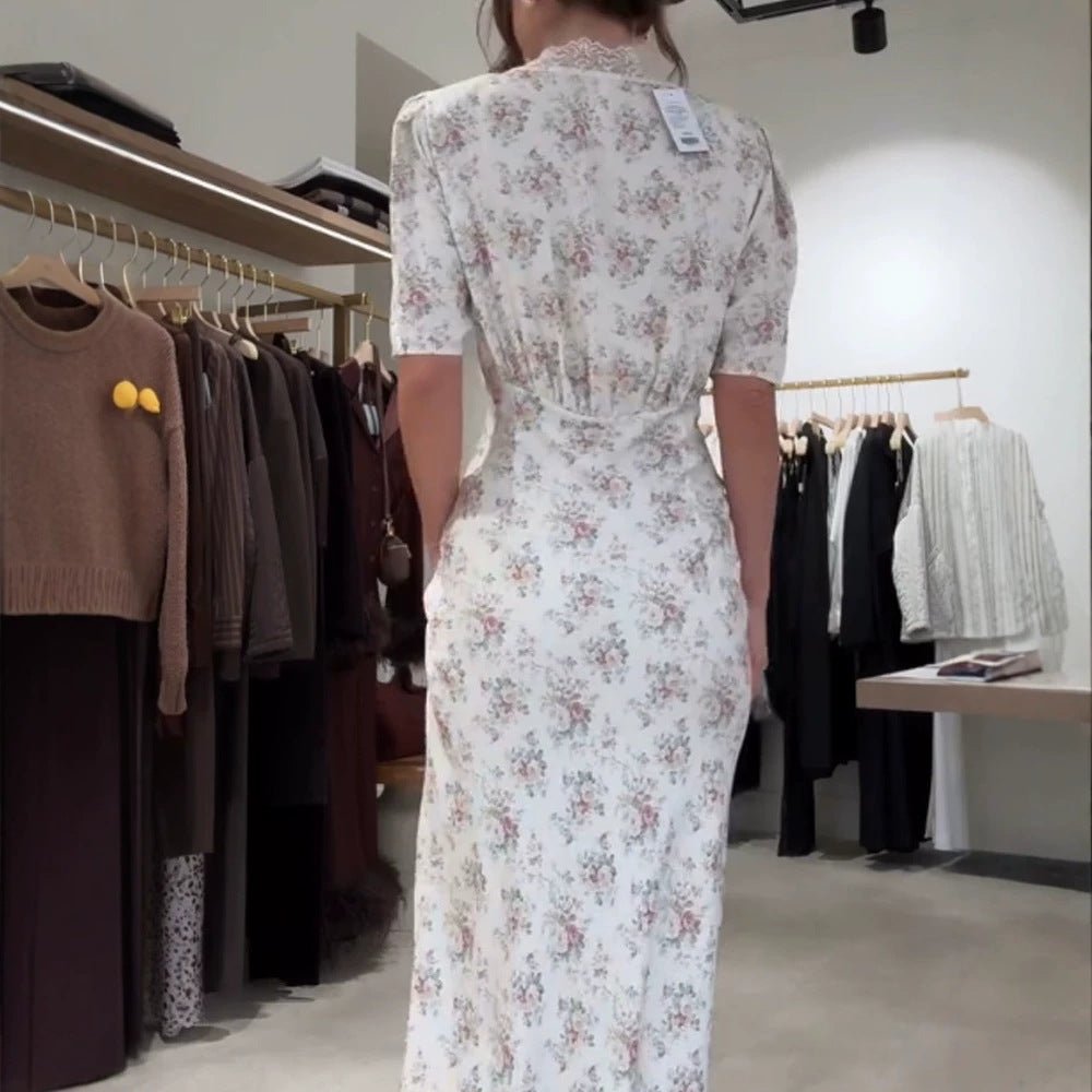 Women Romantic Maxi Dress in Flowing Satin with Lace Cut-Out & Puff Sleeves Chichicherry - Chichicherry