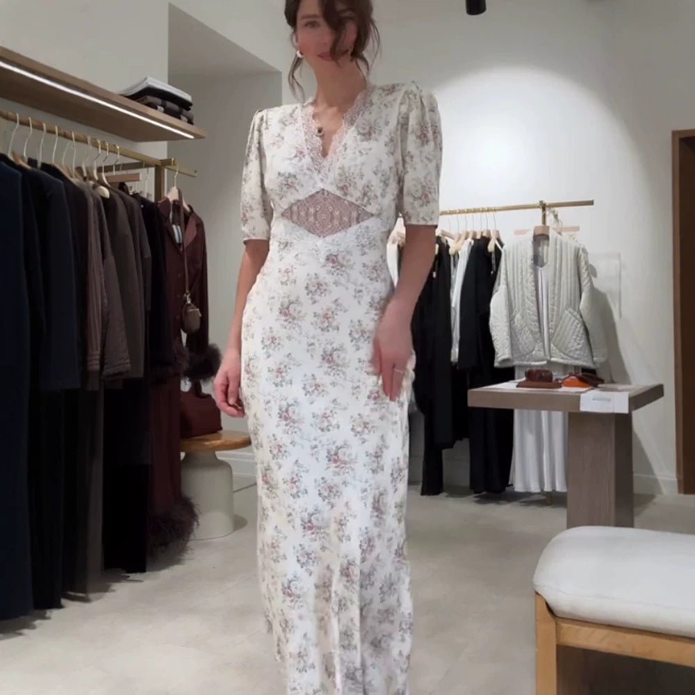 Women Romantic Maxi Dress in Flowing Satin with Lace Cut-Out & Puff Sleeves Chichicherry - Chichicherry