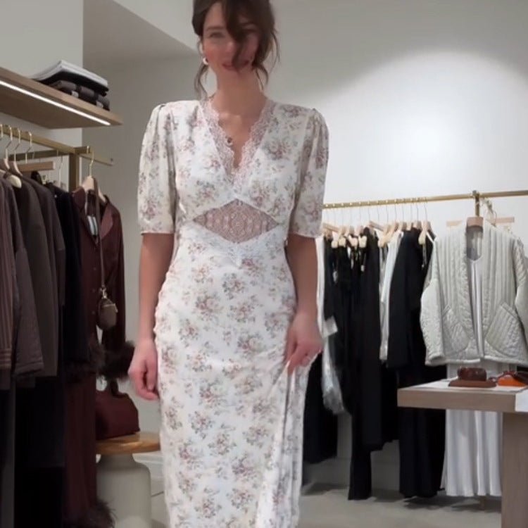 Women Romantic Maxi Dress in Flowing Satin with Lace Cut-Out & Puff Sleeves Chichicherry - Chichicherry