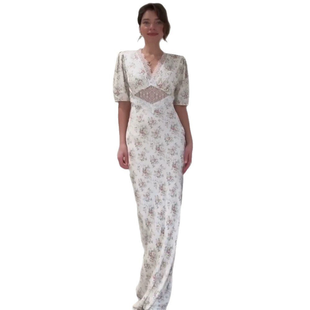 Women Romantic Maxi Dress in Flowing Satin with Lace Cut-Out & Puff Sleeves Chichicherry - Chichicherry