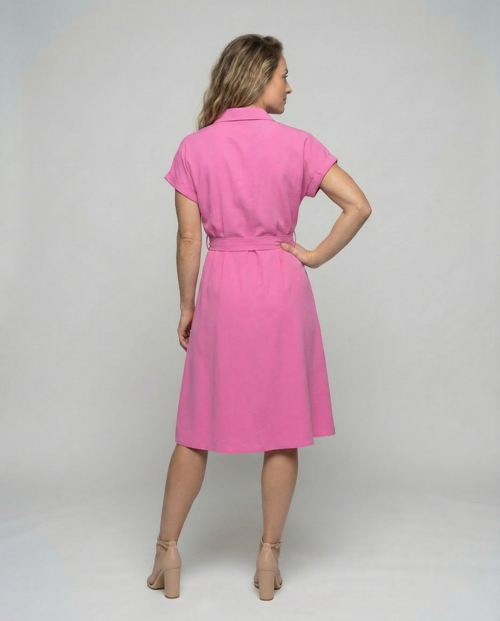 Women Shirt Dress Knee Length Belt - Chichicherry