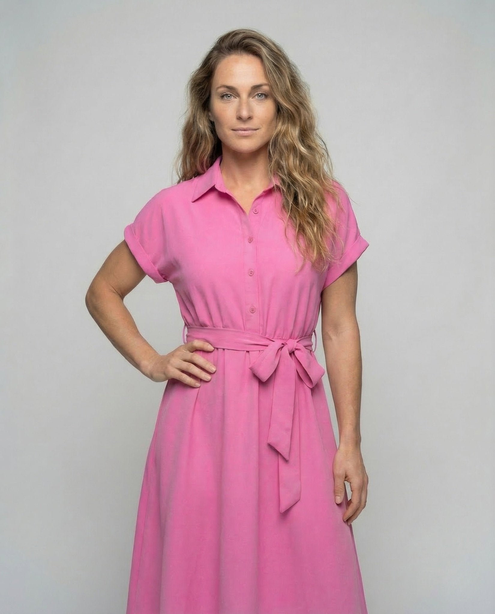 Women Shirt Dress Knee Length Belt - Chichicherry