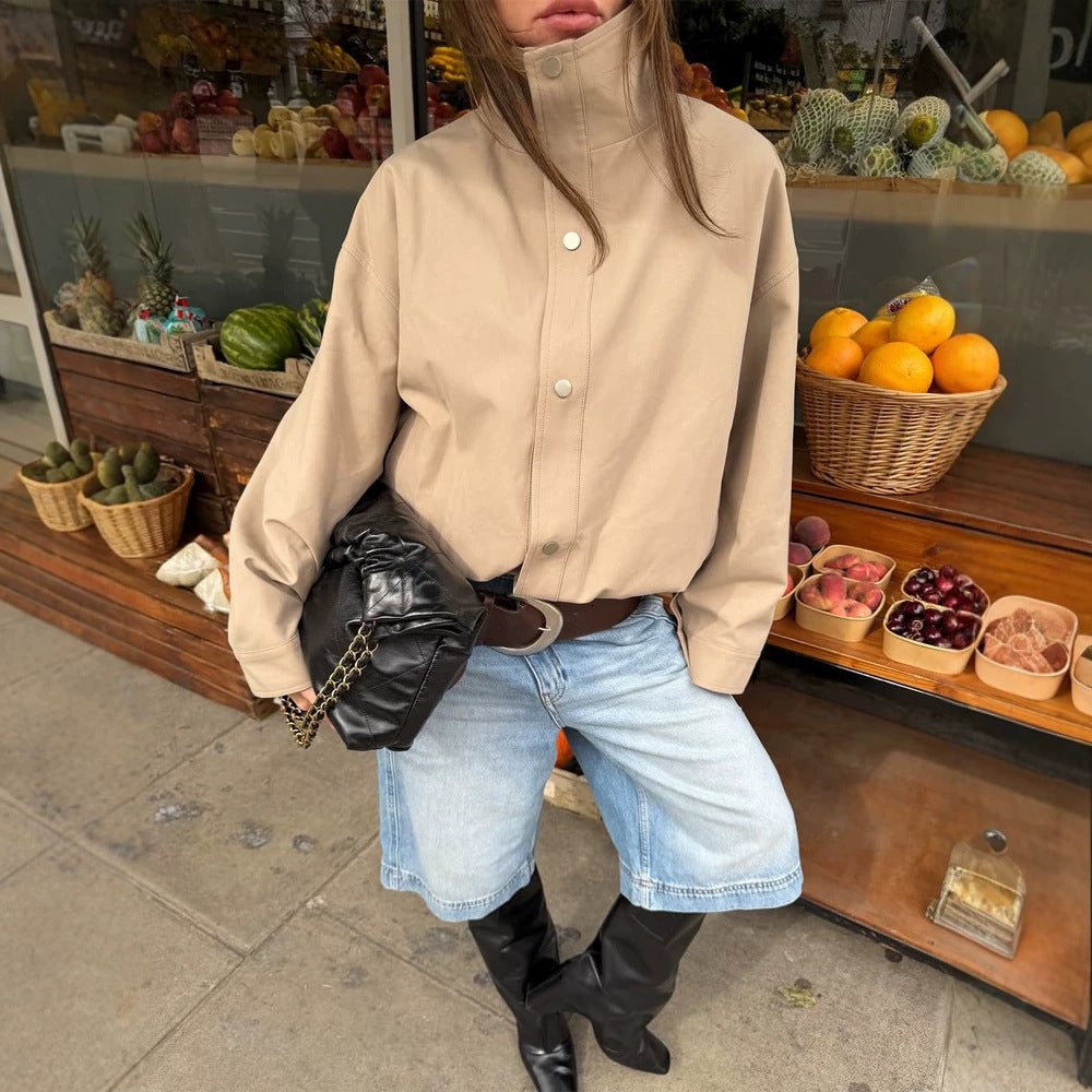 Women Short Boxy Canvas Jacket with High Stand-Up Collar and Snap Button Placket Chichicherry - Chichicherry