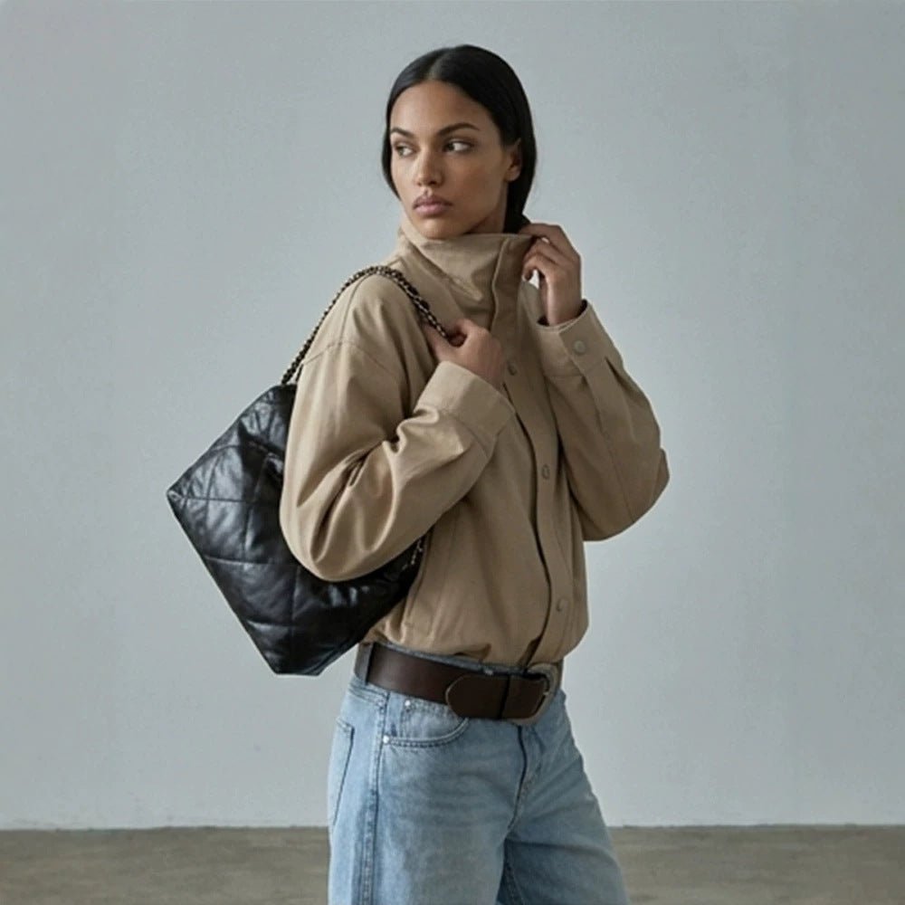 Women Short Boxy Canvas Jacket with High Stand-Up Collar and Snap Button Placket Chichicherry - Chichicherry