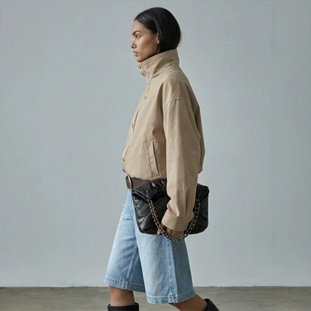 Women Short Boxy Canvas Jacket with High Stand-Up Collar and Snap Button Placket Chichicherry - Chichicherry