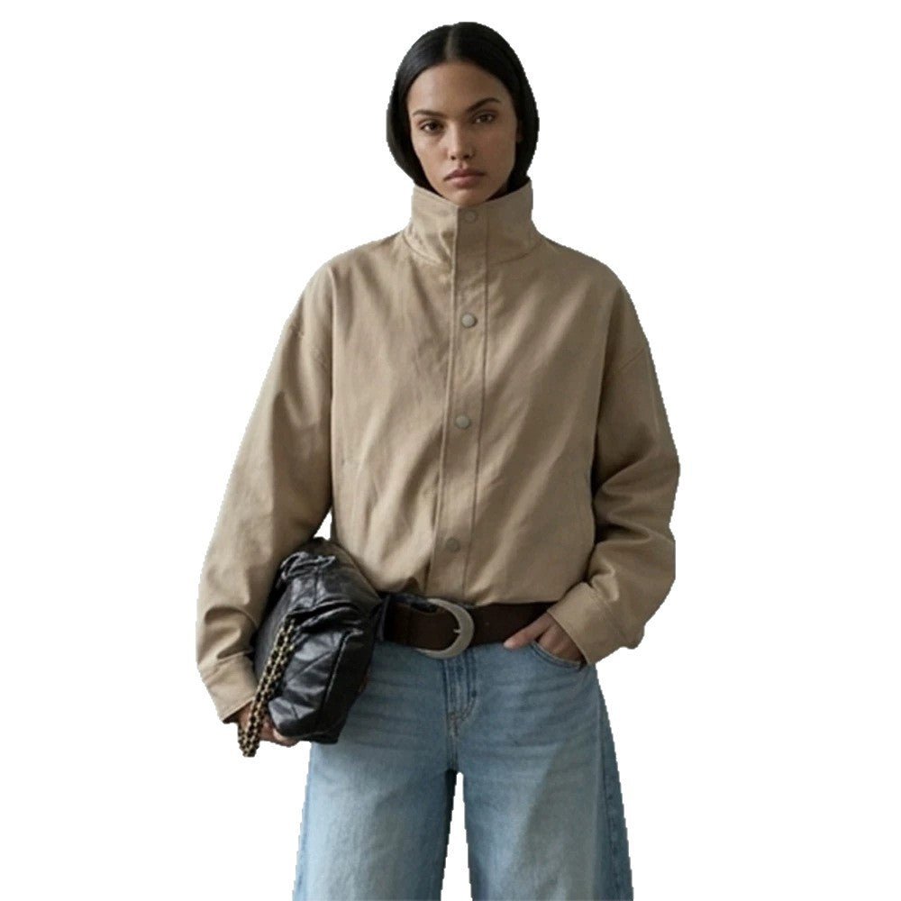 Women Short Boxy Canvas Jacket with High Stand-Up Collar and Snap Button Placket Chichicherry - Chichicherry