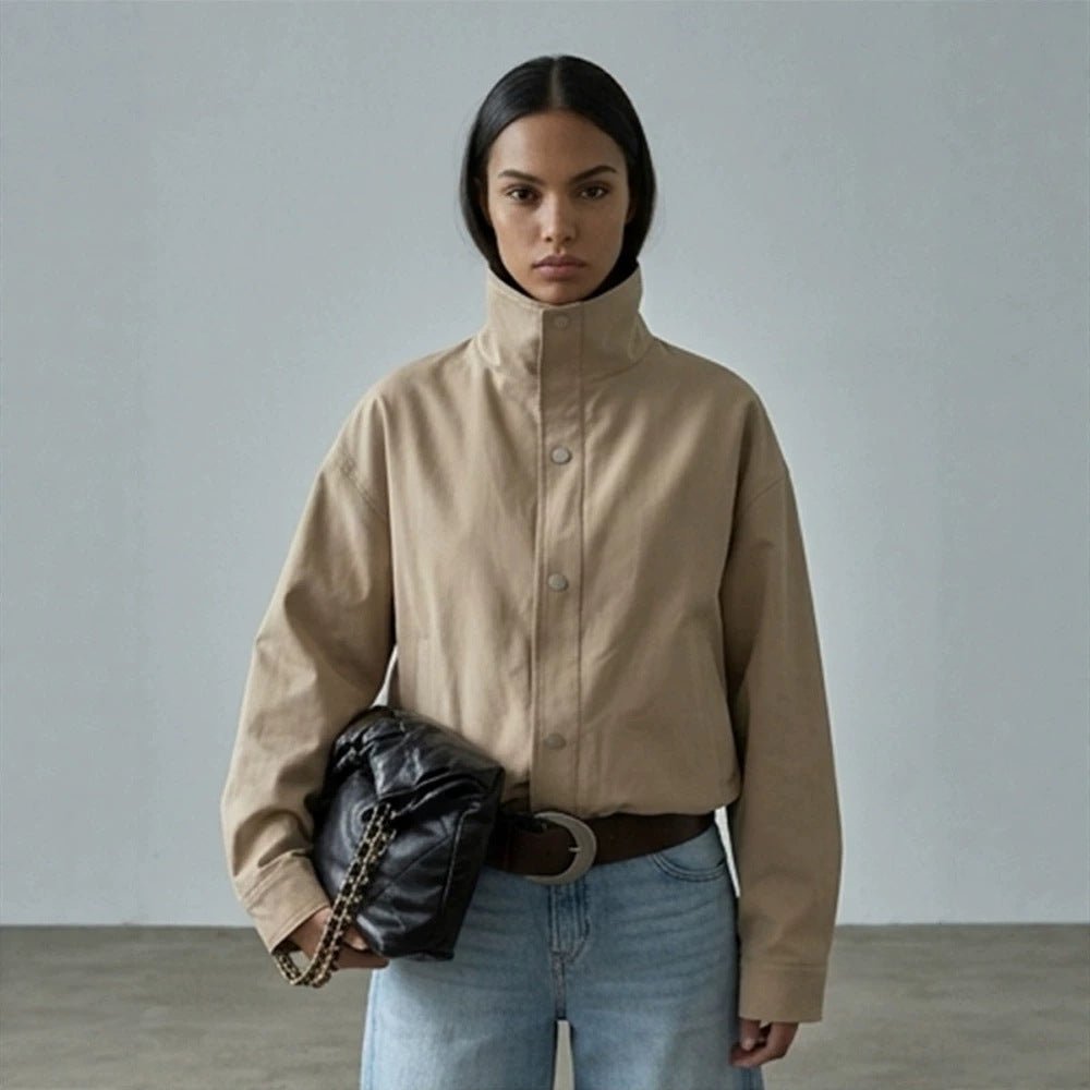Women Short Boxy Canvas Jacket with High Stand-Up Collar and Snap Button Placket Chichicherry - Chichicherry