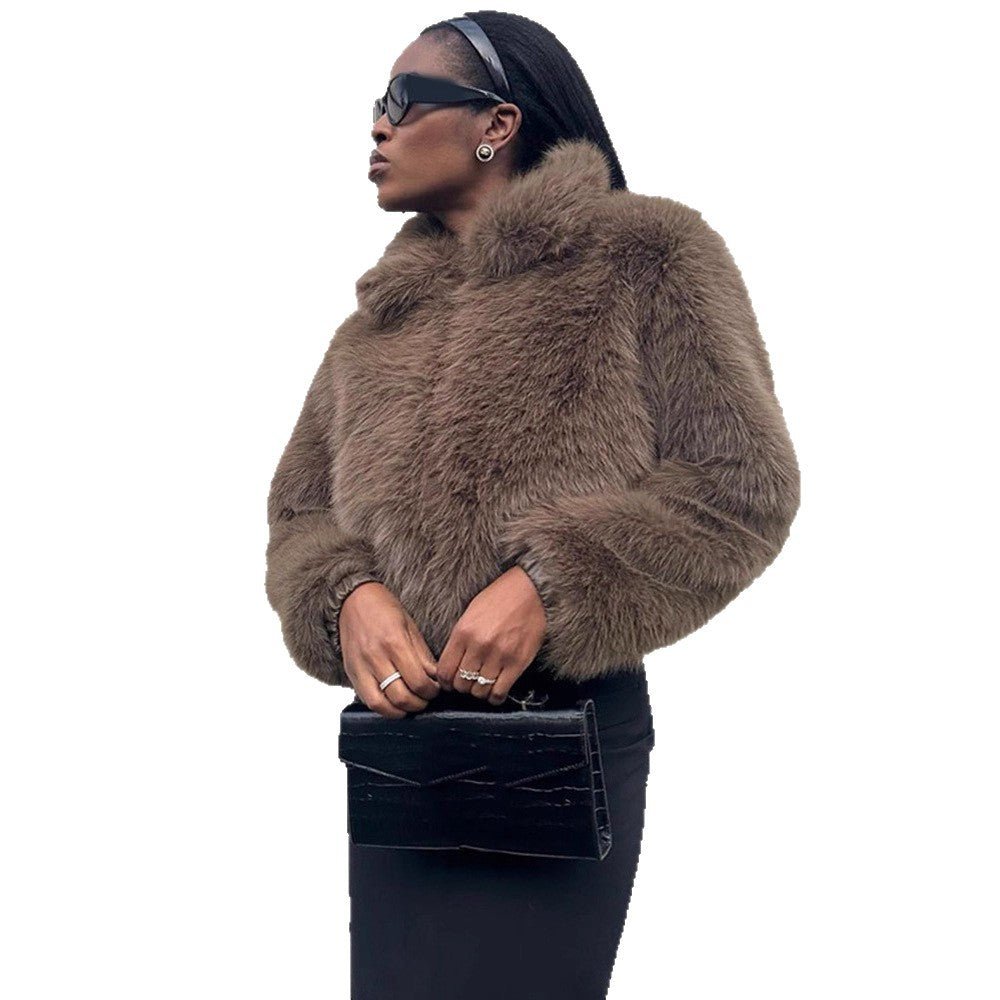 Women Short Boxy Faux Fur Blouson with Voluminous Shawl Collar and Lined Interior Chichicherry - Chichicherry