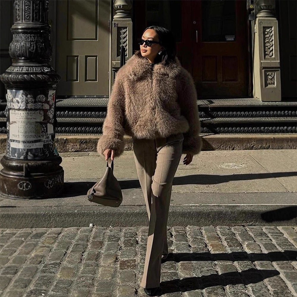 Women Short Boxy Faux Fur Blouson with Voluminous Shawl Collar and Lined Interior Chichicherry - Chichicherry
