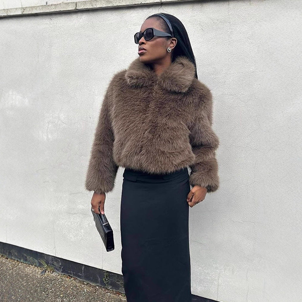 Women Short Boxy Faux Fur Blouson with Voluminous Shawl Collar and Lined Interior Chichicherry - Chichicherry
