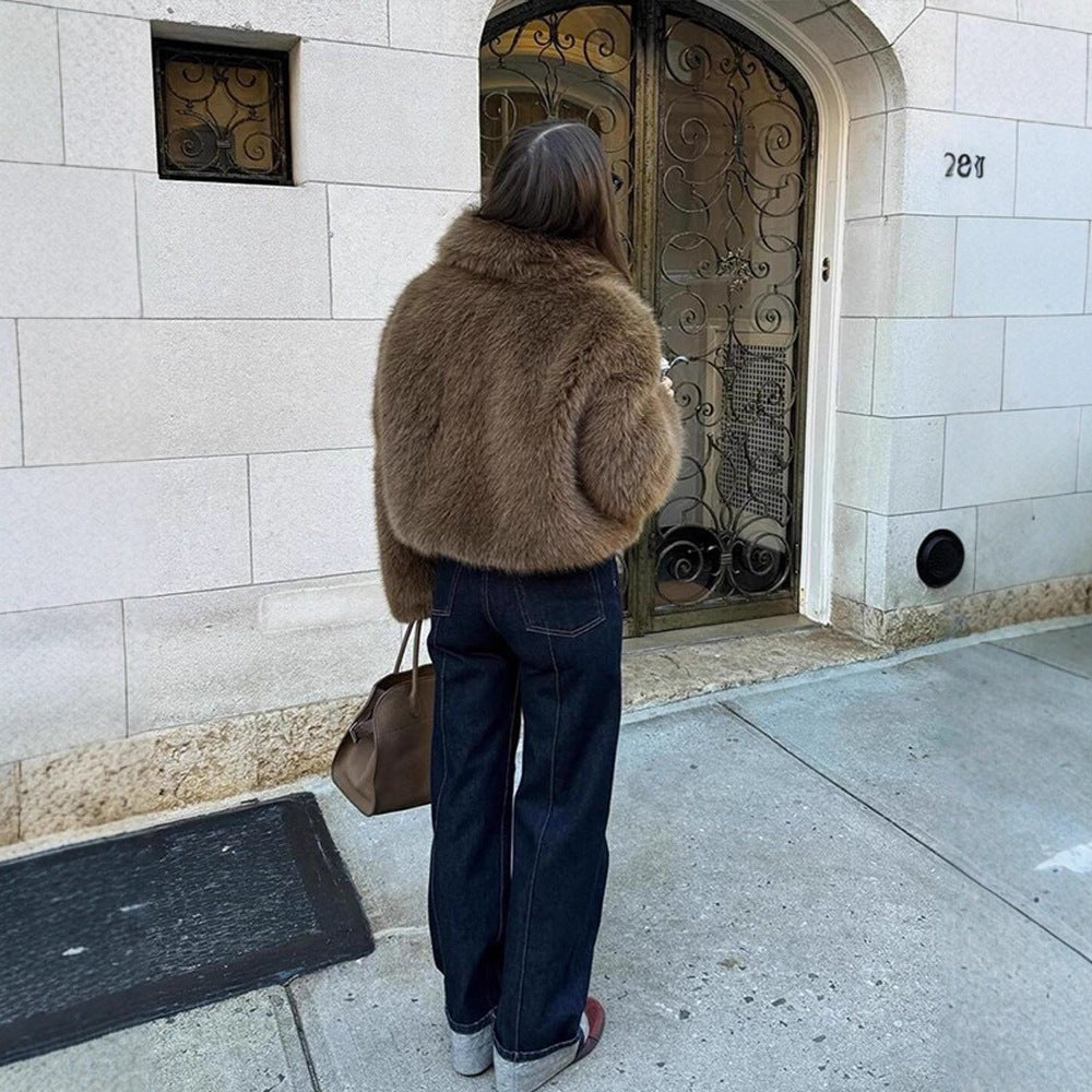 Women Short Boxy Faux Fur Blouson with Voluminous Shawl Collar and Lined Interior Chichicherry - Chichicherry