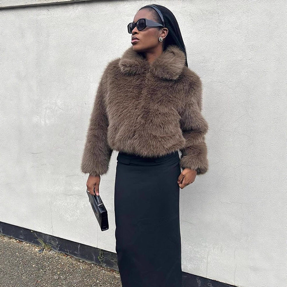 Women Short Boxy Faux Fur Blouson with Voluminous Shawl Collar and Lined Interior Chichicherry - Chichicherry