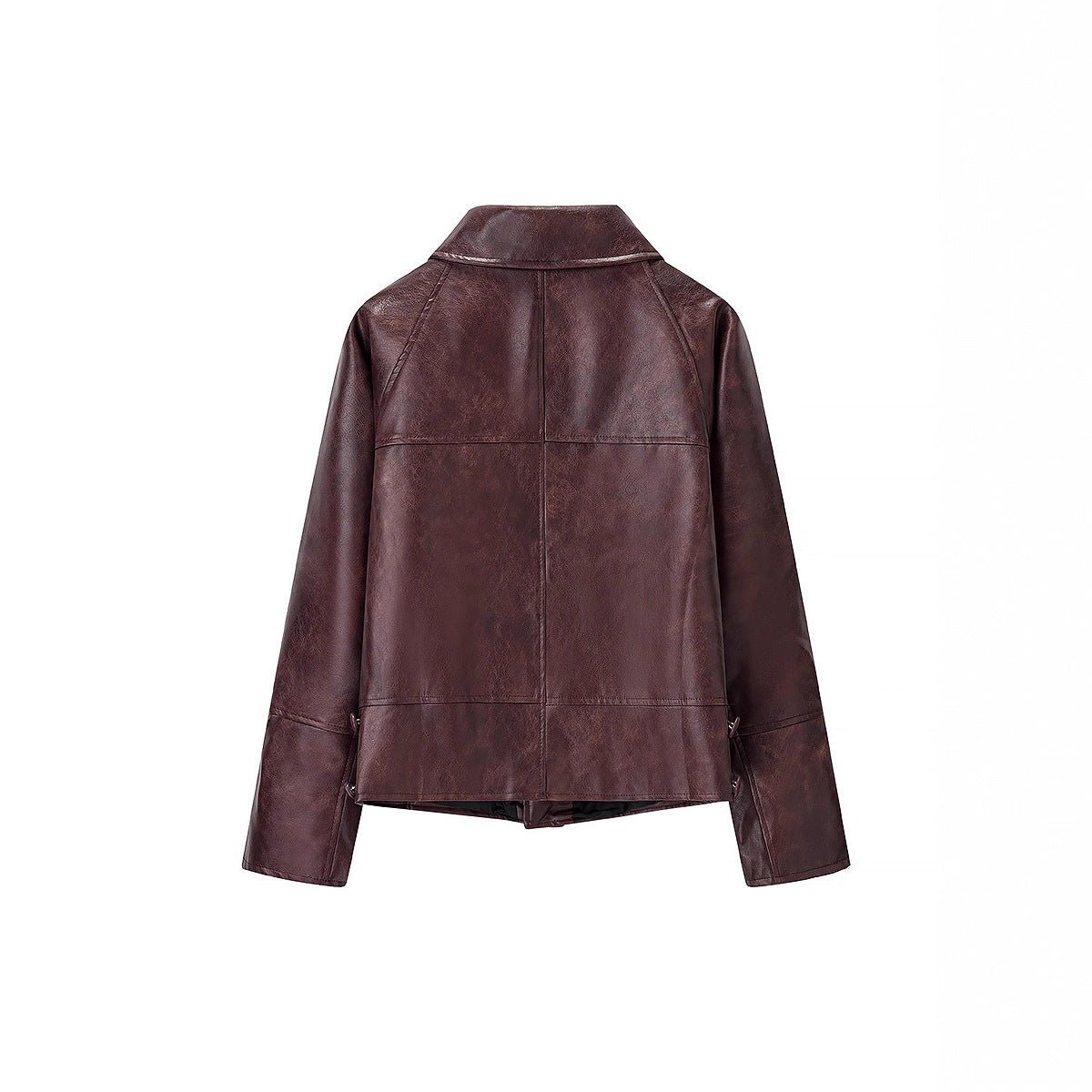 Women Short Boxy Faux Leather Blouson with Geometric Stitch Details and Shirt Collar Chichicherry - Chichicherry