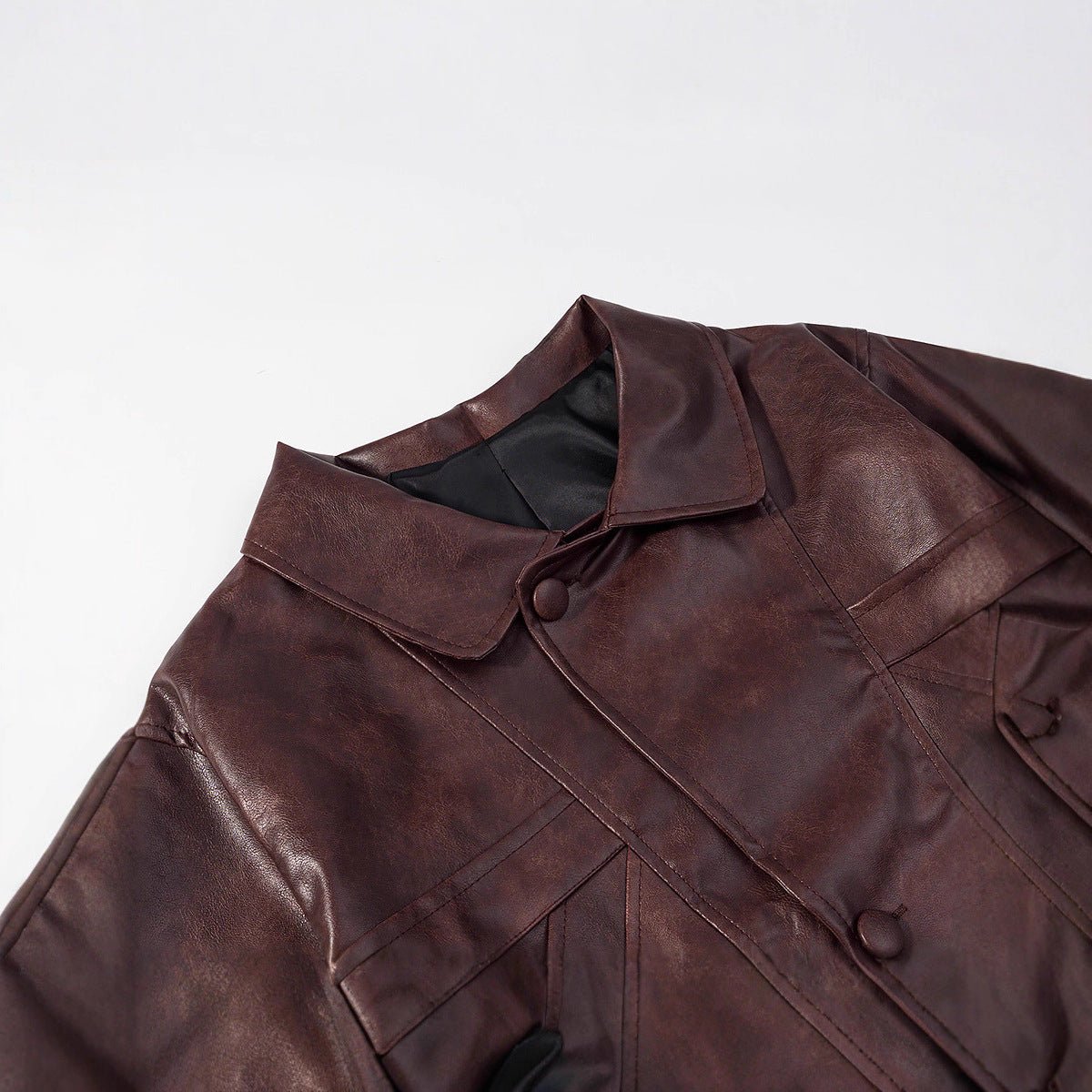 Women Short Boxy Faux Leather Blouson with Geometric Stitch Details and Shirt Collar Chichicherry - Chichicherry