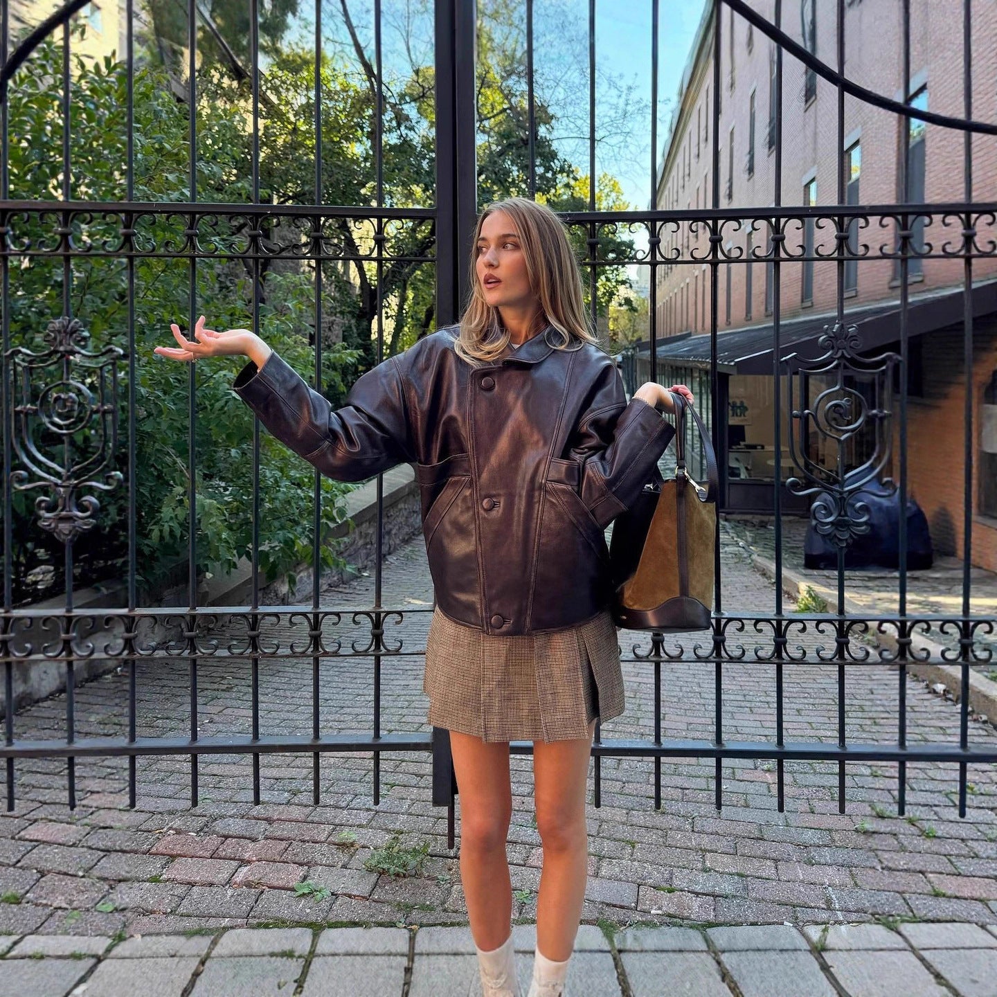 Women Short Boxy Faux Leather Blouson with Geometric Stitch Details and Shirt Collar Chichicherry - Chichicherry