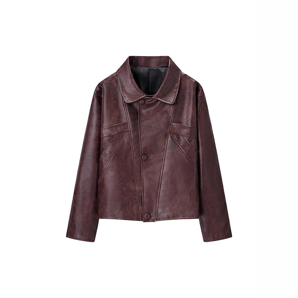 Women Short Boxy Faux Leather Blouson with Geometric Stitch Details and Shirt Collar Chichicherry - Chichicherry