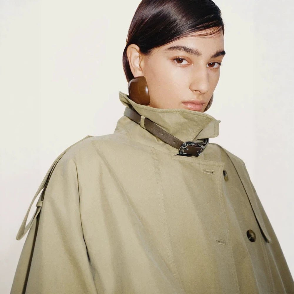 Women Short Boxy Trench Coat with Wide Lapels, Shoulder Straps and Adjustable Cuffs Chichicherry - Chichicherry