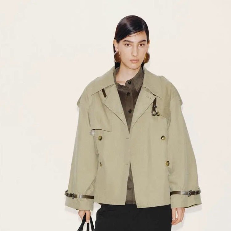 Women Short Boxy Trench Coat with Wide Lapels, Shoulder Straps and Adjustable Cuffs Chichicherry - Chichicherry