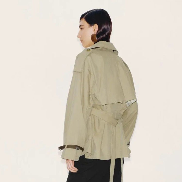 Women Short Boxy Trench Coat with Wide Lapels, Shoulder Straps and Adjustable Cuffs Chichicherry - Chichicherry