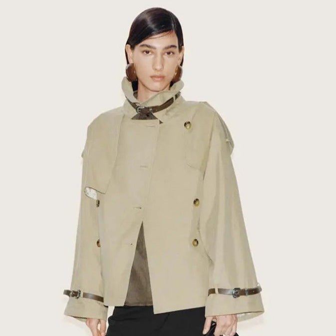 Women Short Boxy Trench Coat with Wide Lapels, Shoulder Straps and Adjustable Cuffs Chichicherry - Chichicherry