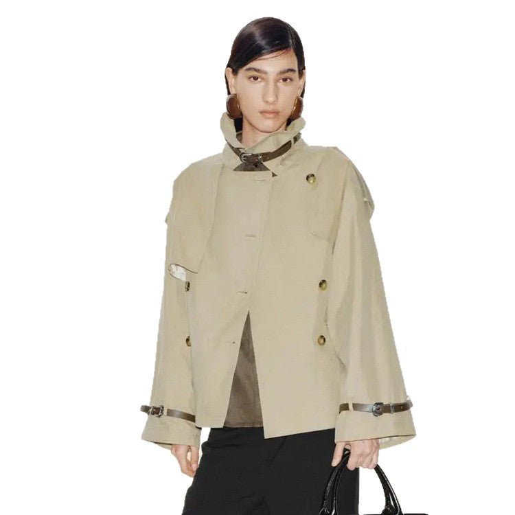 Women Short Boxy Trench Coat with Wide Lapels, Shoulder Straps and Adjustable Cuffs Chichicherry - Chichicherry
