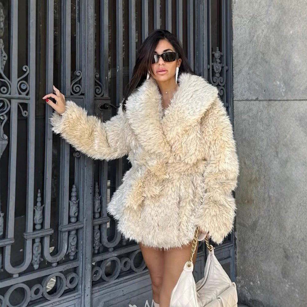 Women Short Cozy Faux Fur Coat with Waist Belt and Voluminous Shawl Collar Chichicherry - Chichicherry