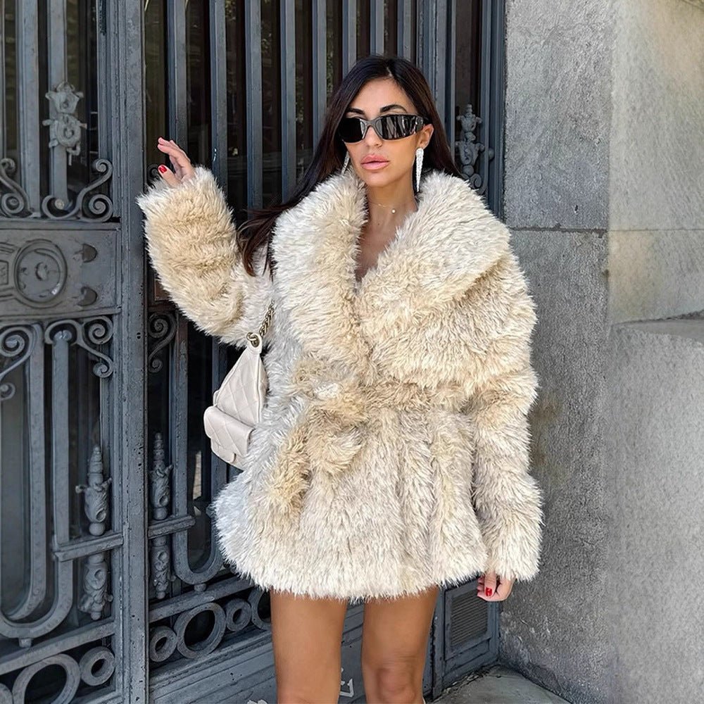 Women Short Cozy Faux Fur Coat with Waist Belt and Voluminous Shawl Collar Chichicherry - Chichicherry