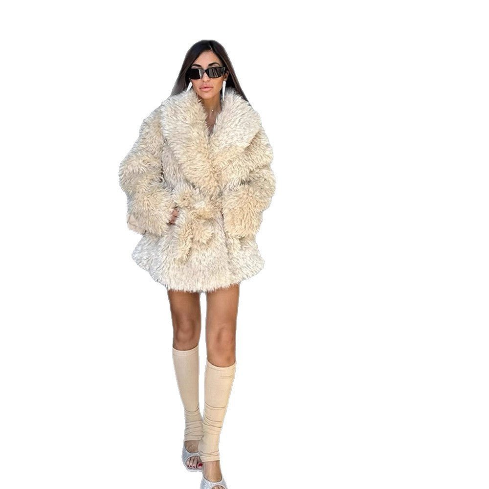 Women Short Cozy Faux Fur Coat with Waist Belt and Voluminous Shawl Collar Chichicherry - Chichicherry