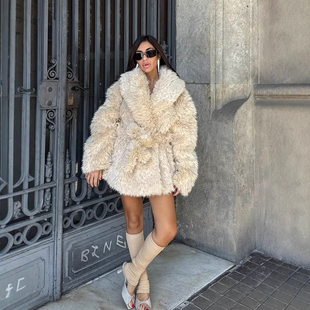 Women Short Cozy Faux Fur Coat with Waist Belt and Voluminous Shawl Collar Chichicherry - Chichicherry