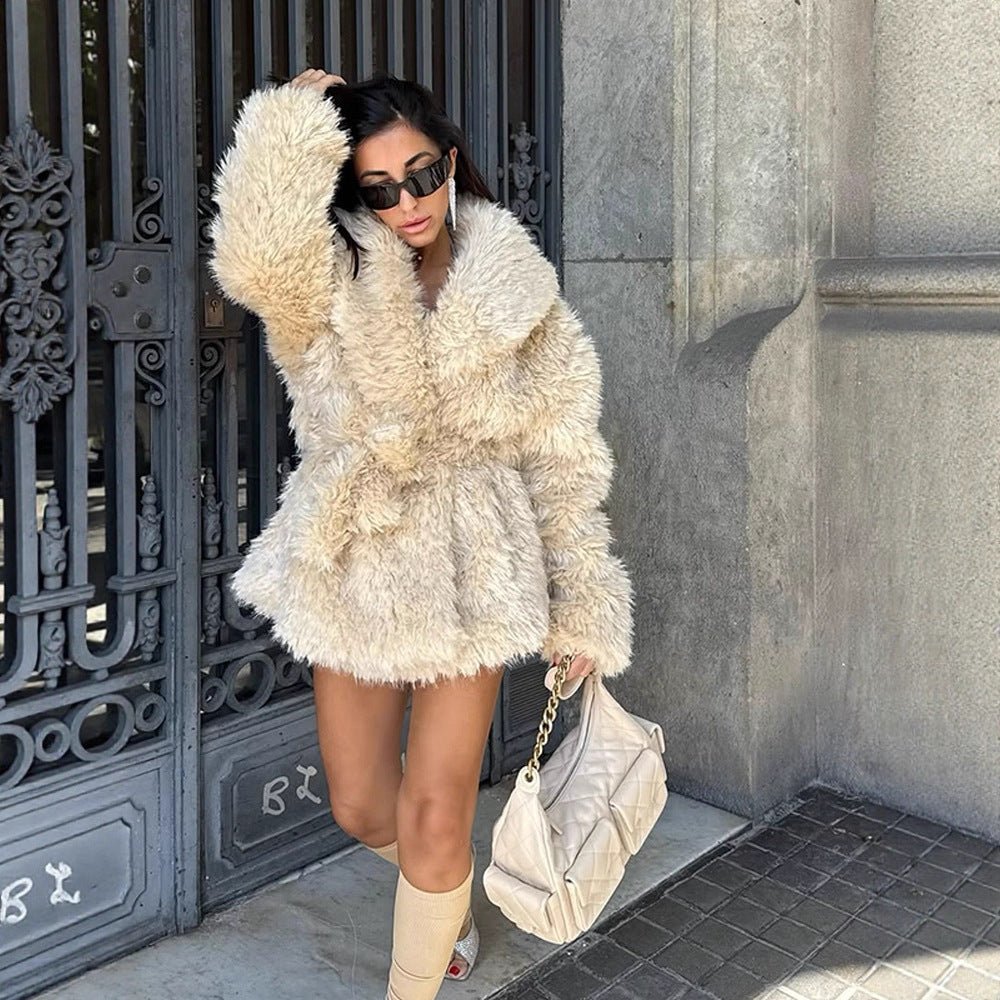Women Short Cozy Faux Fur Coat with Waist Belt and Voluminous Shawl Collar Chichicherry - Chichicherry