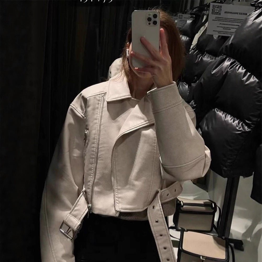 Women Short-Cut Biker Jacket Made of Faux Leather with Waist Belt Chichicherry - Chichicherry