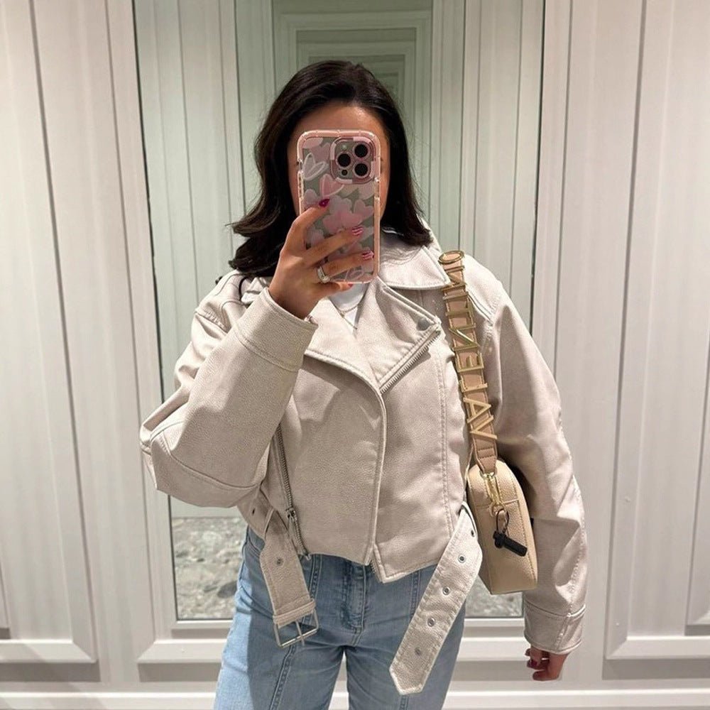 Women Short-Cut Biker Jacket Made of Faux Leather with Waist Belt Chichicherry - Chichicherry