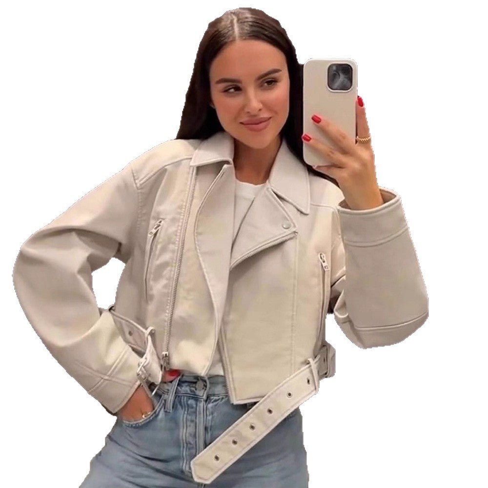 Women Short-Cut Biker Jacket Made of Faux Leather with Waist Belt Chichicherry - Chichicherry