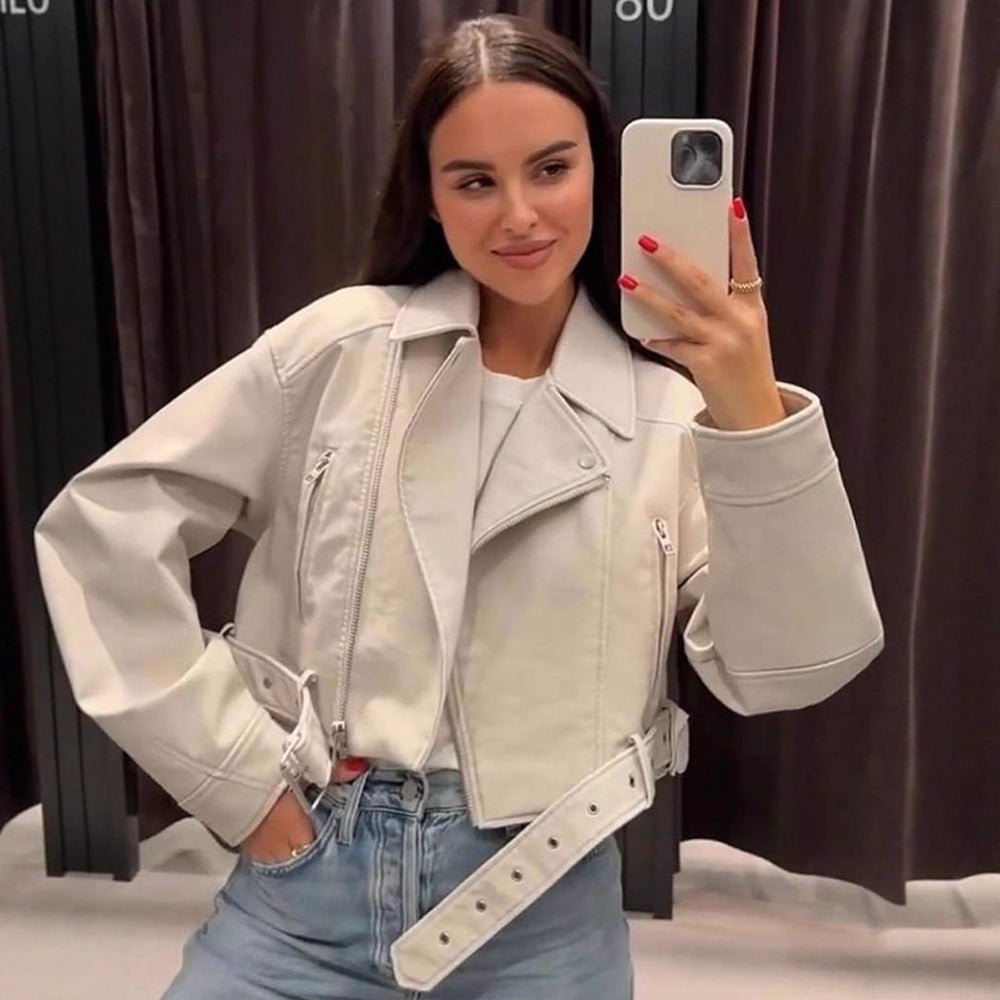Women Short-Cut Biker Jacket Made of Faux Leather with Waist Belt Chichicherry - Chichicherry