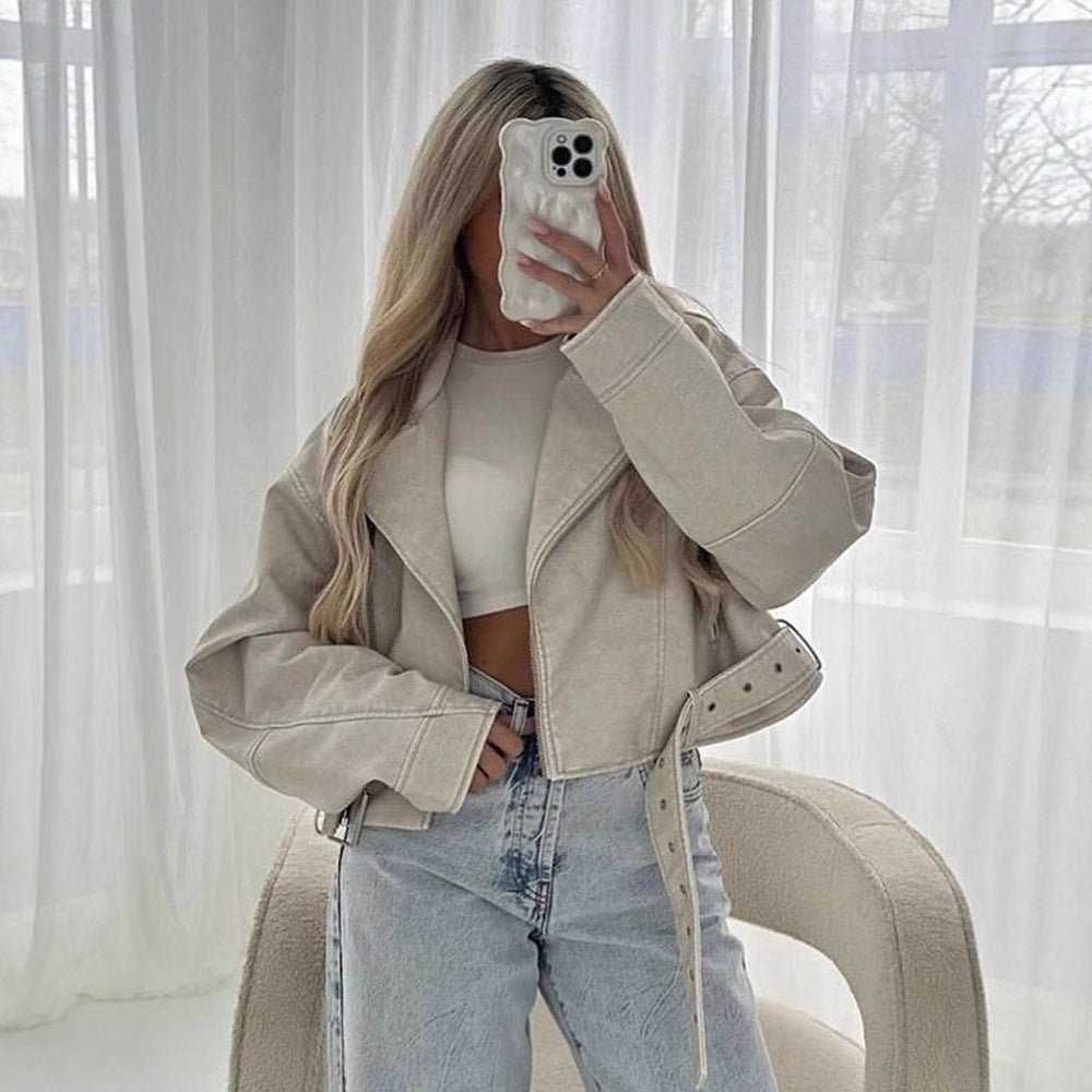 Women Short-Cut Biker Jacket Made of Faux Leather with Waist Belt Chichicherry - Chichicherry