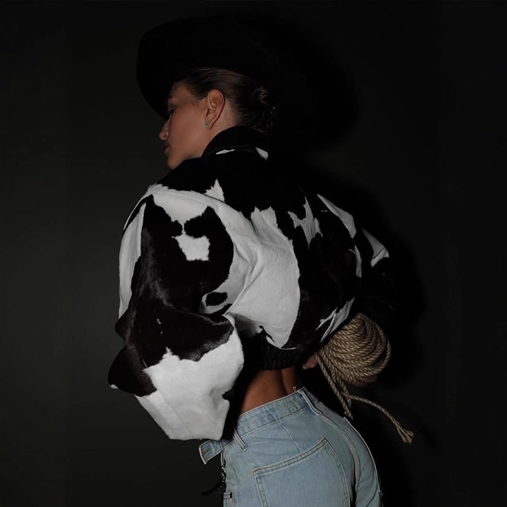 Women Short Cut Boxy Faux Fur Jacket in Cow Spot Pattern Chichicherry - Chichicherry