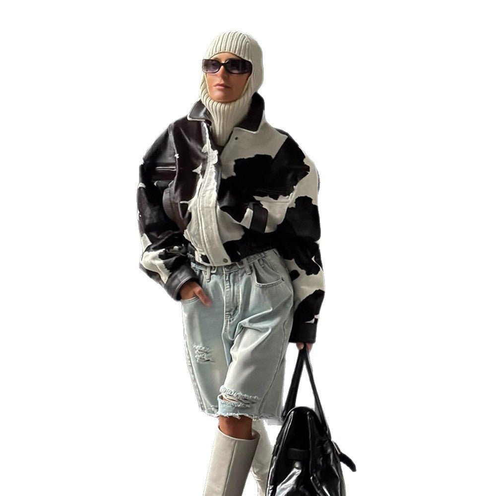 Women Short Cut Boxy Faux Fur Jacket in Cow Spot Pattern Chichicherry - Chichicherry