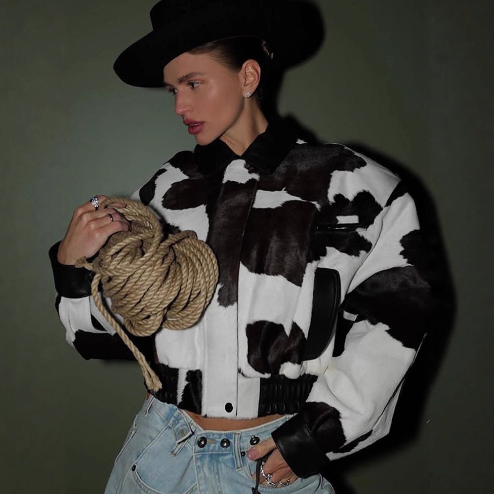 Women Short Cut Boxy Faux Fur Jacket in Cow Spot Pattern Chichicherry - Chichicherry