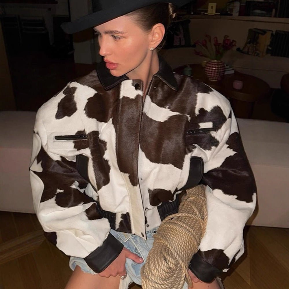 Women Short Cut Boxy Faux Fur Jacket in Cow Spot Pattern Chichicherry - Chichicherry