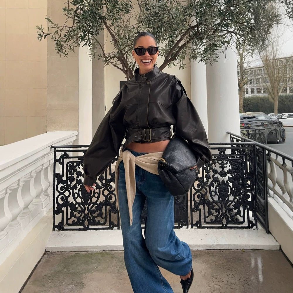Women Short Cut Faux Leather Biker Jacket with Stand Collar, Waist Belt and Voluminous Sleeves Chichicherry - Chichicherry